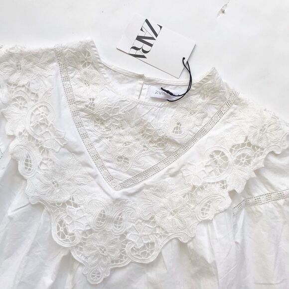 Zara NWT white floral eyelet bib blouse  9Y - Picture 2 of 4